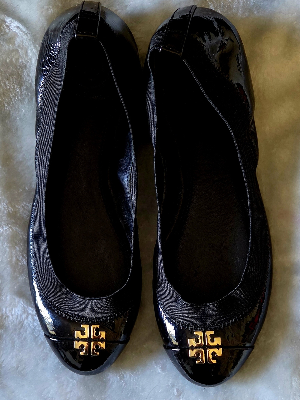 Tory Burch Black Patent Ballet Flats with Gold Logo